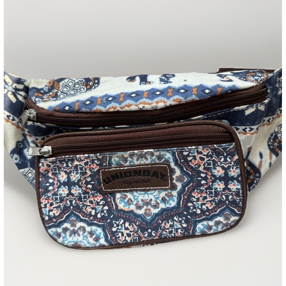 Unionbay Vintage Blue Canvas Floral Fanny‎ Pack  Boho  Y2K Blue & Brown Pockets
